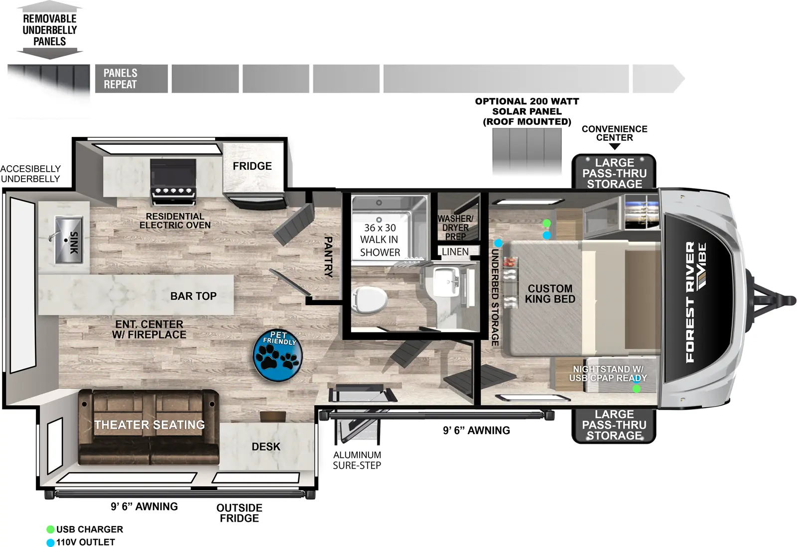 The Vibe 2500SP floorplan has one entry and two slide outs. Exterior features include: fiberglass exterior and 9'6" & 9'6" awning. Interiors features include: front bedroom.